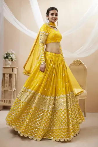 Yellow Zari And Sequins Embroidered Georgette Lehenga Choli For Wedding