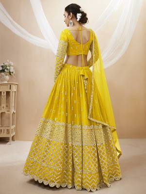 Yellow Zari And Sequins Embroidered Georgette Lehenga Choli For Wedding 5