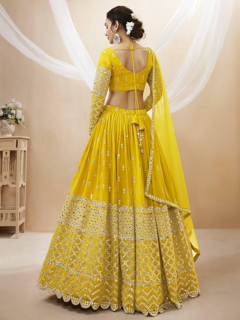 Yellow Zari And Sequins Embroidered Georgette Lehenga Choli For Wedding