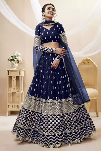  Navy Blue Zari And Sequins Embroidered Georgette Lehengha Choli