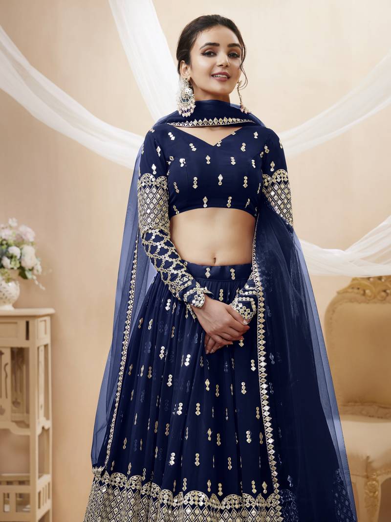  Navy Blue Zari And Sequins Embroidered Georgette Lehengha Choli