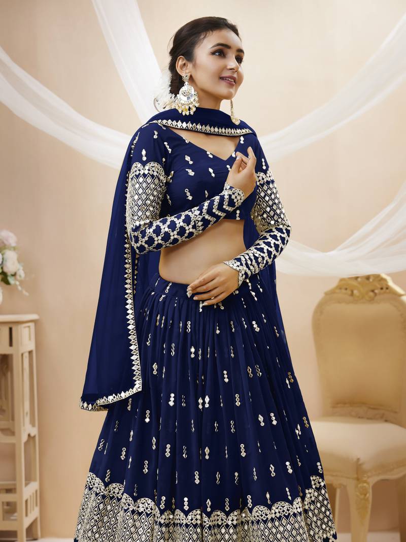  Navy Blue Zari And Sequins Embroidered Georgette Lehengha Choli
