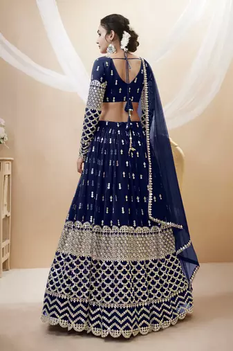  Navy Blue Zari And Sequins Embroidered Georgette Lehengha Choli