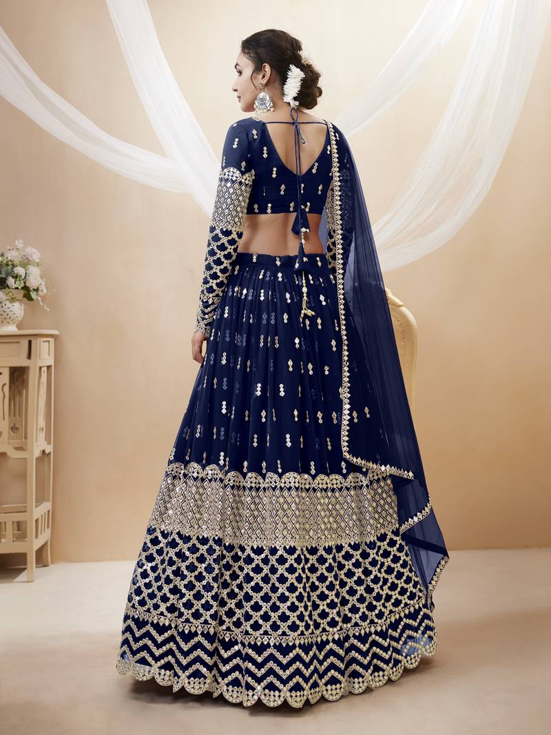  Navy Blue Zari And Sequins Embroidered Georgette Lehengha Choli