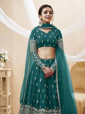 Fetching Teal Blue Zari And Sequins Embroidered Georgette Party Wear Lehenga Choli 2