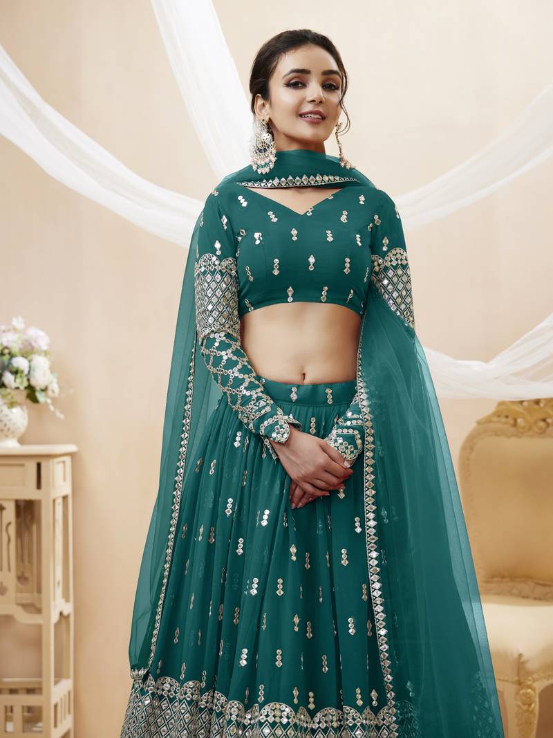 Fetching Teal Blue Zari And Sequins Embroidered Georgette Party Wear Lehenga Choli