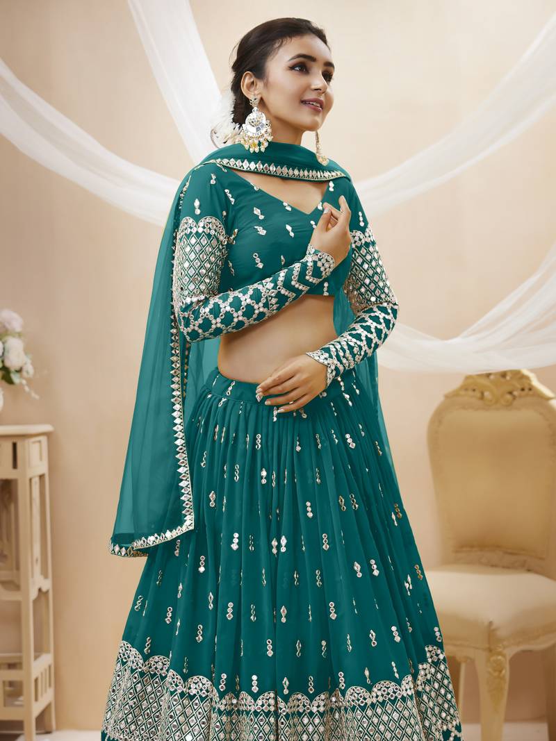 Fetching Teal Blue Zari And Sequins Embroidered Georgette Party Wear Lehenga Choli