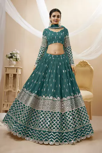 Fetching Teal Blue Zari And Sequins Embroidered Georgette Party Wear Lehenga Choli