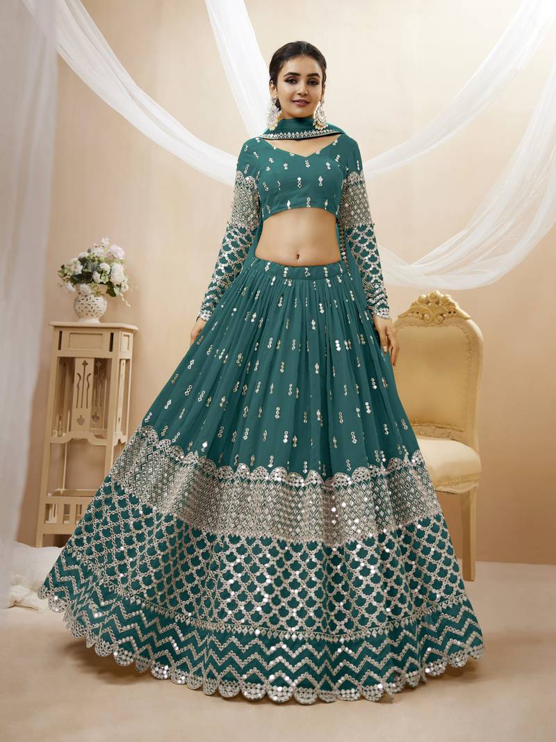 Fetching Teal Blue Zari And Sequins Embroidered Georgette Party Wear Lehenga Choli