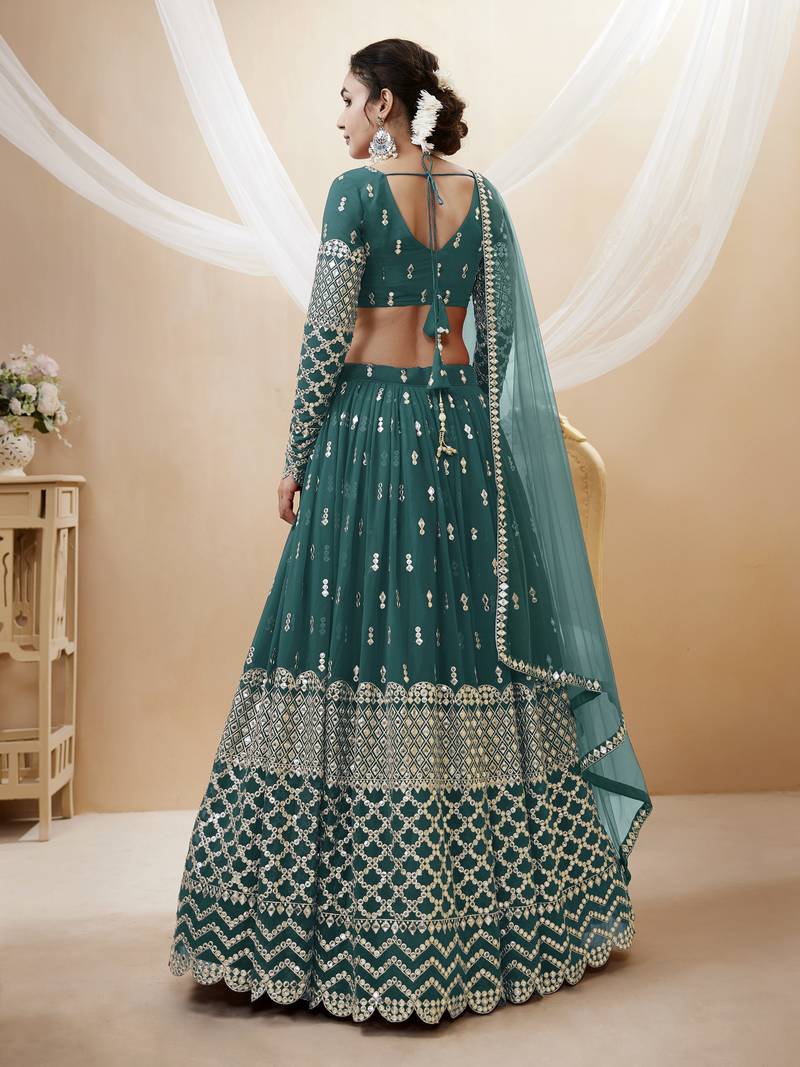 Fetching Teal Blue Zari And Sequins Embroidered Georgette Party Wear Lehenga Choli