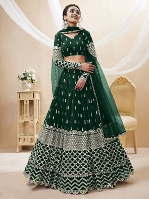 Green Zari And Sequins Embroidered Georgette Designer Lehenga Choli 1