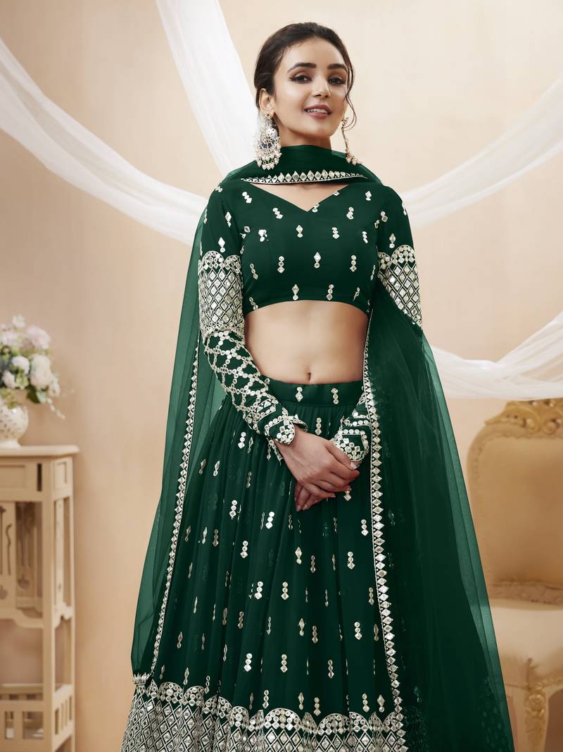 Green Zari And Sequins Embroidered Georgette Designer Lehenga Choli