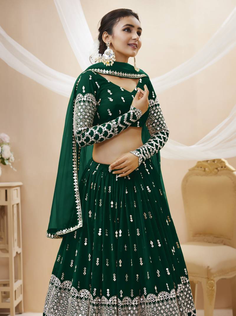 Green Zari And Sequins Embroidered Georgette Designer Lehenga Choli