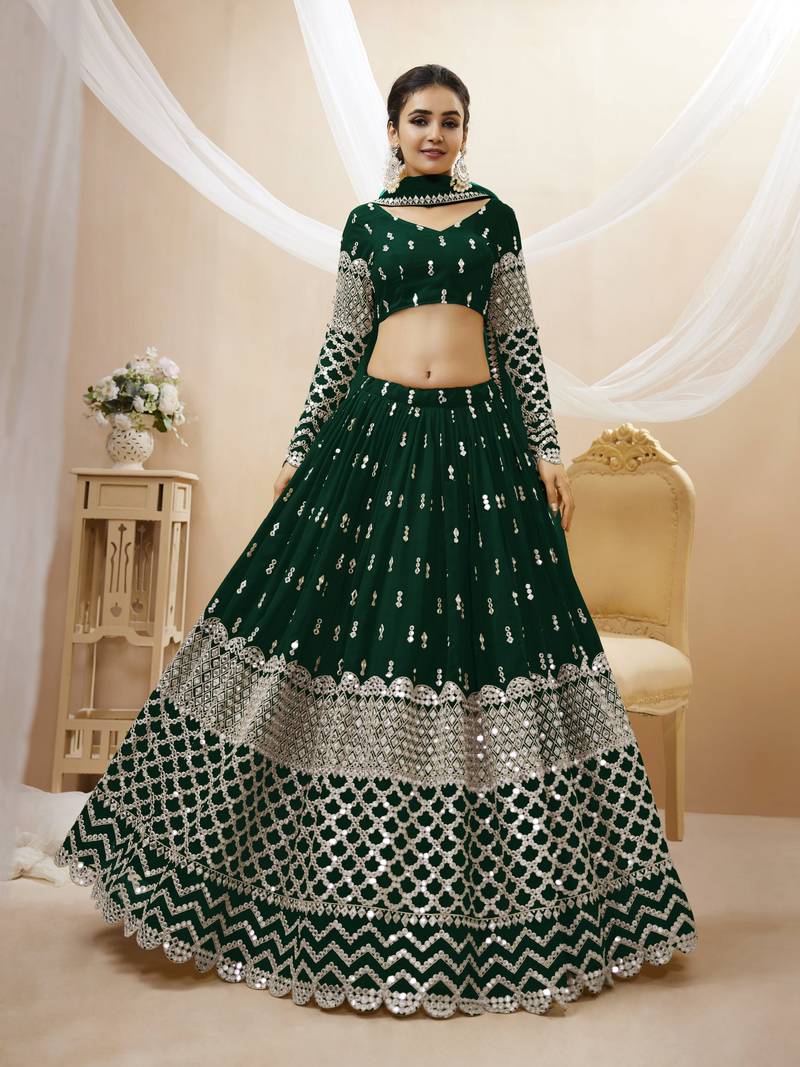 Green Zari And Sequins Embroidered Georgette Designer Lehenga Choli