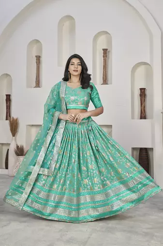 Sea Green Color Dola Jacquard Zari Work Silk Semi-Stitched Lehenga Choli
