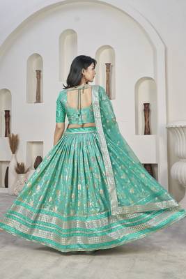 Sea Green Color Dola Jacquard Zari Work Silk Semi-Stitched Lehenga Choli 3