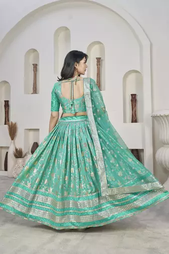 Sea Green Color Dola Jacquard Zari Work Silk Semi-Stitched Lehenga Choli
