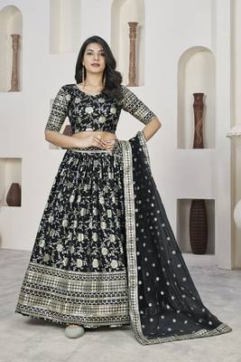 Black Color Dola Jacquard Zari Work Silk Semi-Stitched Lehenga Choli 1