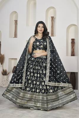 Black Color Dola Jacquard Zari Work Silk Semi-Stitched Lehenga Choli 2