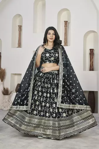Black Color Dola Jacquard Zari Work Silk Semi-Stitched Lehenga Choli