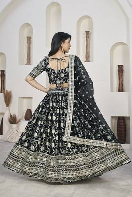 Black Color Dola Jacquard Zari Work Silk Semi-Stitched Lehenga Choli 3