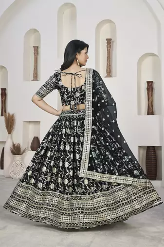 Black Color Dola Jacquard Zari Work Silk Semi-Stitched Lehenga Choli