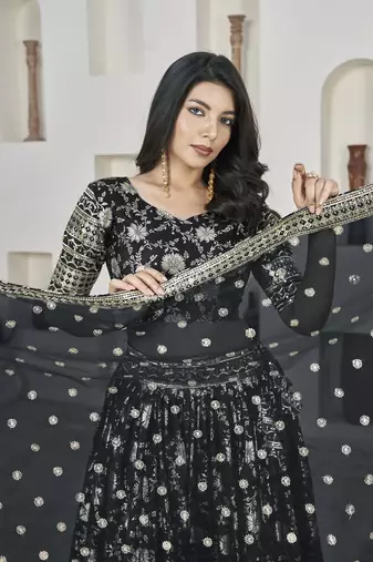 Black Color Dola Jacquard Zari Work Silk Semi-Stitched Lehenga Choli