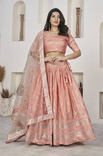 Peach Color Dola Jacquard Zari Work Silk Semi-Stitched Lehenga Choli
