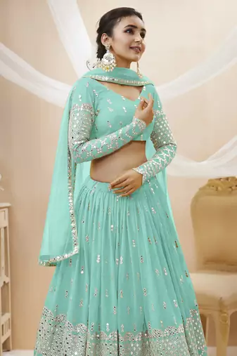  Sky Blue Zari And Sequins Embroidered Georgette Lehenga Choli And Dupatta