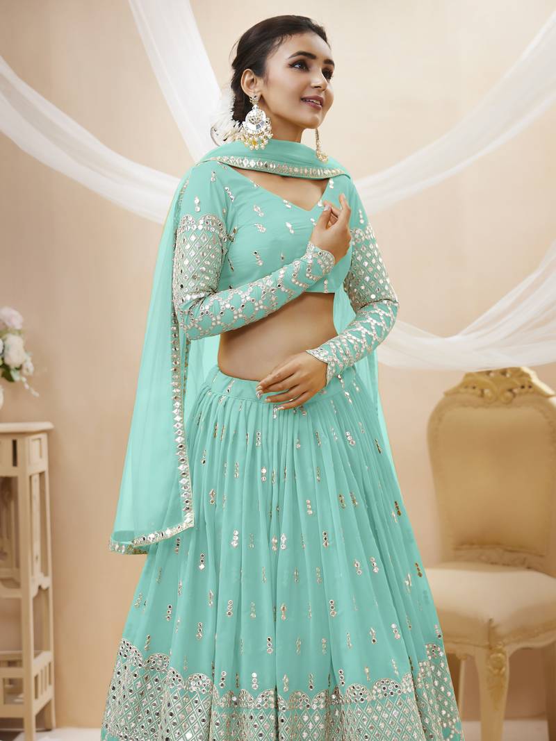 Sky Blue Zari And Sequins Embroidered Georgette Lehenga Choli And Dupatta