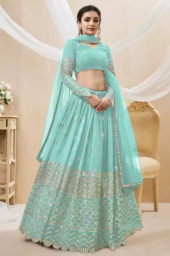  Sky Blue Zari And Sequins Embroidered Georgette Lehenga Choli And Dupatta