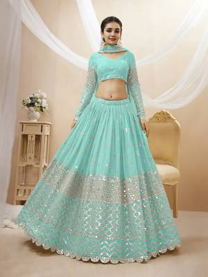  Sky Blue Zari And Sequins Embroidered Georgette Lehenga Choli And Dupatta 4