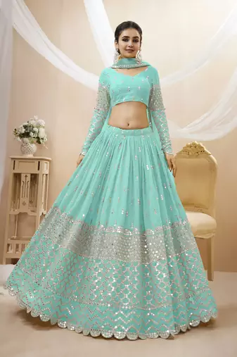  Sky Blue Zari And Sequins Embroidered Georgette Lehenga Choli And Dupatta