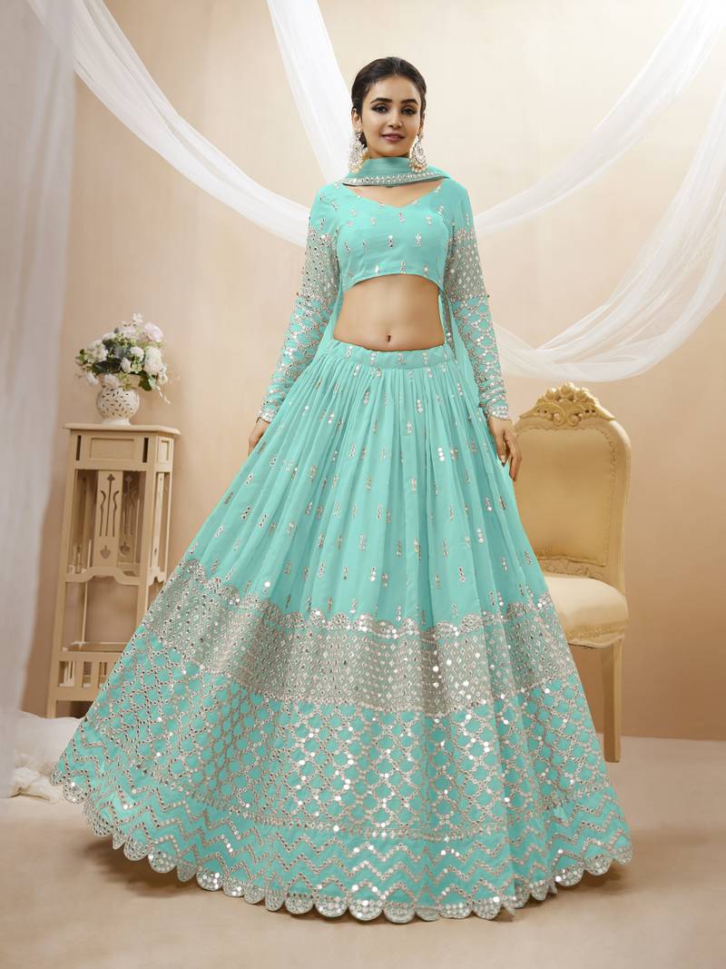  Sky Blue Zari And Sequins Embroidered Georgette Lehenga Choli And Dupatta