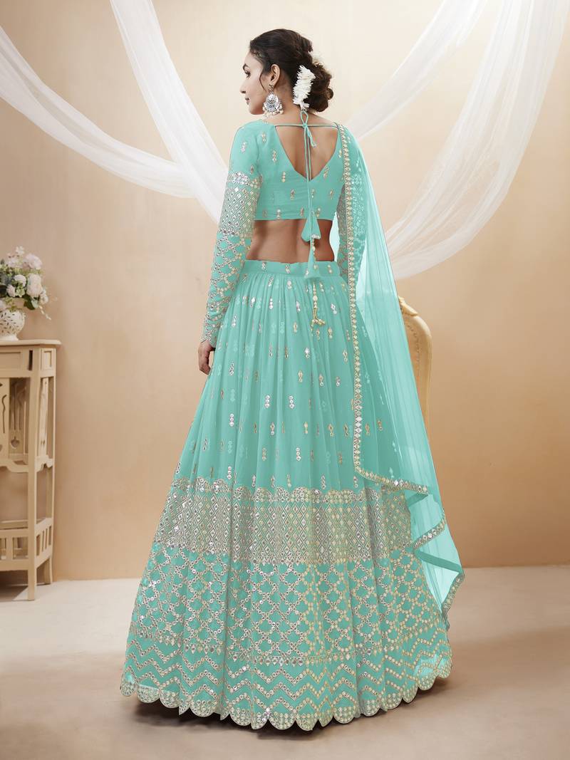  Sky Blue Zari And Sequins Embroidered Georgette Lehenga Choli And Dupatta