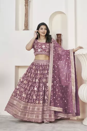 Rosy Brown Color Dola Jacquard Zari Work Silk Semi-Stitched Lehenga Choli