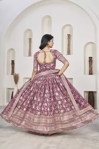 Rosy Brown Color Dola Jacquard Zari Work Silk Semi-Stitched Lehenga Choli