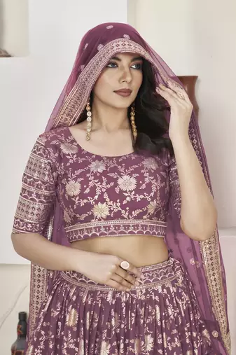 Rosy Brown Color Dola Jacquard Zari Work Silk Semi-Stitched Lehenga Choli