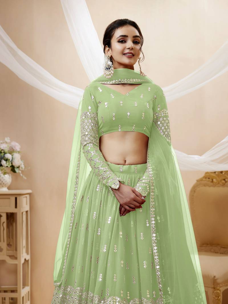 Pista Green Zari And Sequins Embroidered Georgette Indian Lehenga Choli Design