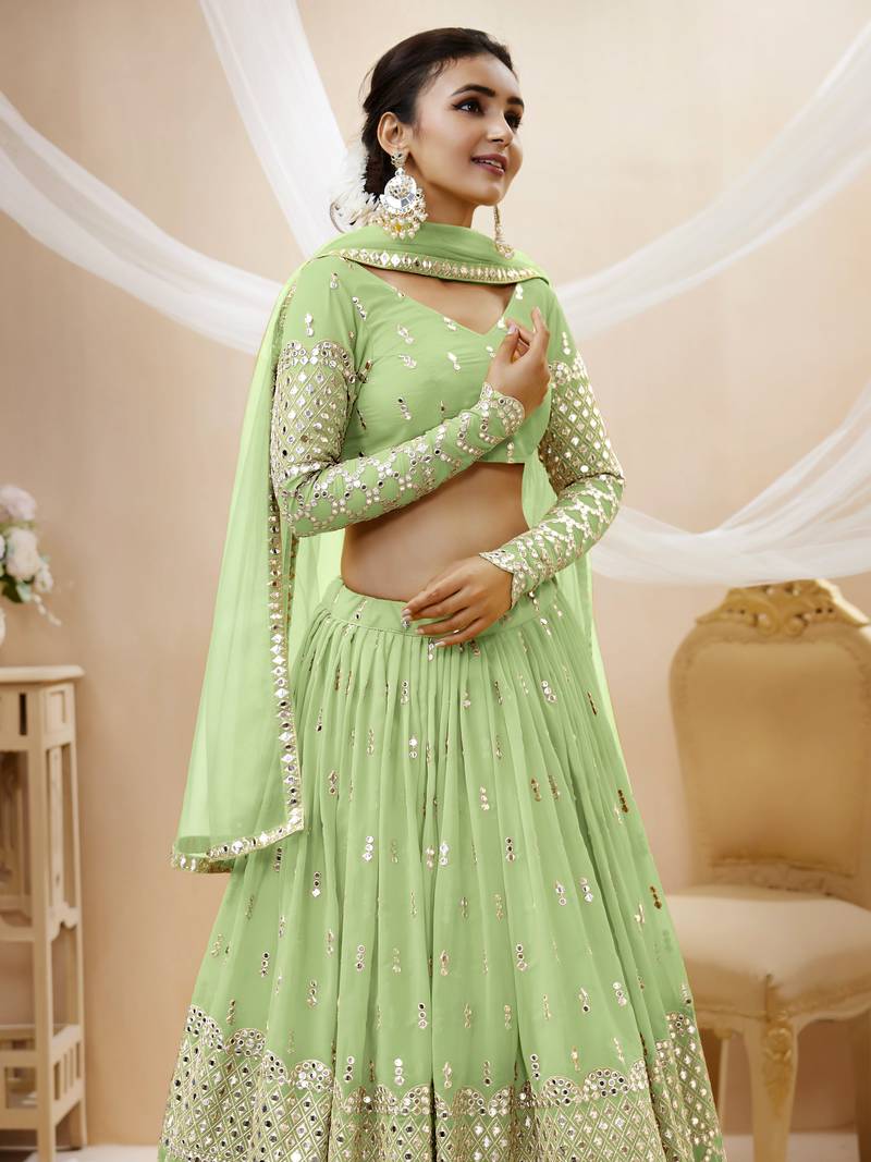 Pista Green Zari And Sequins Embroidered Georgette Indian Lehenga Choli Design