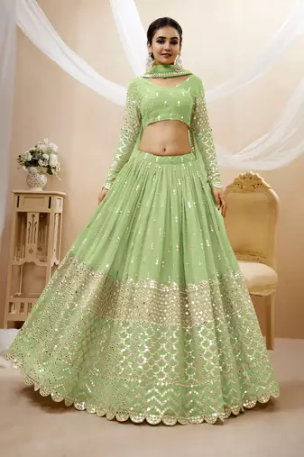 Pista Green Zari And Sequins Embroidered Georgette Indian Lehenga Choli Design