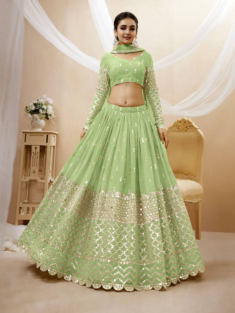 Pista Green Zari And Sequins Embroidered Georgette Indian Lehenga Choli Design