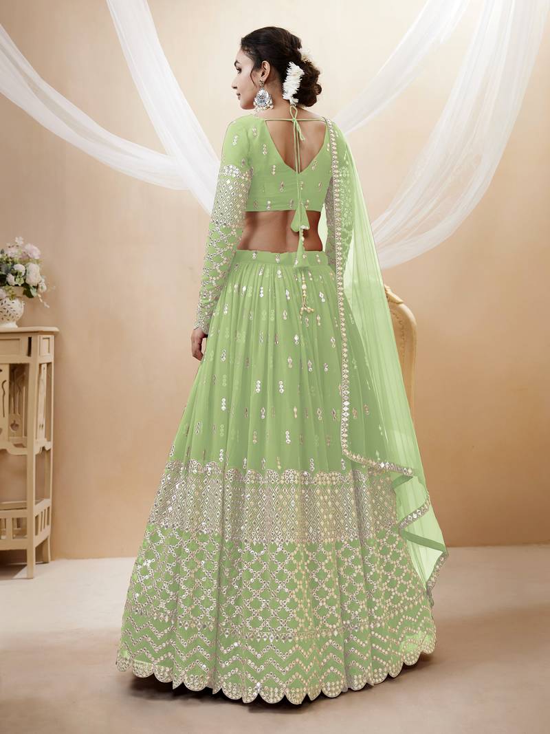 Pista Green Zari And Sequins Embroidered Georgette Indian Lehenga Choli Design