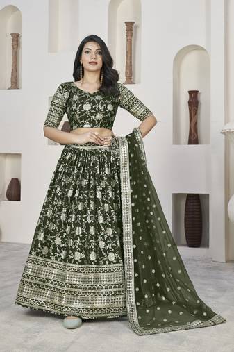 Mehndi Color Dola Jacquard Zari Work Silk Semi-Stitched Lehenga Choli