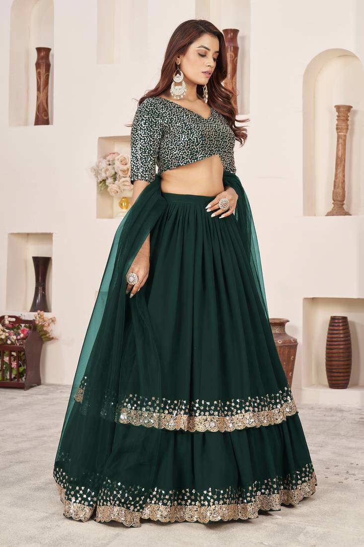 Green Zari Sequins Embroidered Georgette indian wedding mehandi fuction wear lehenga choli