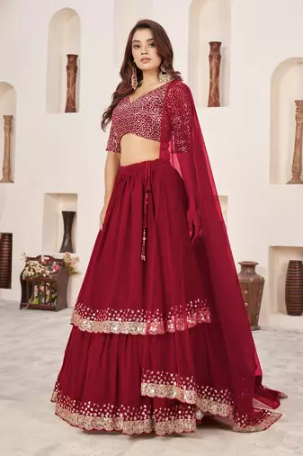 Red Zari Sequins Embroidered Georgette Lehenga Choli For Wedding