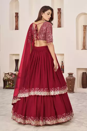 Red Zari Sequins Embroidered Georgette Lehenga Choli For Wedding