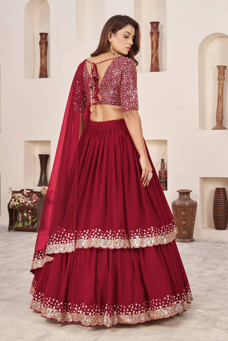 Red Zari Sequins Embroidered Georgette Lehenga Choli For Wedding