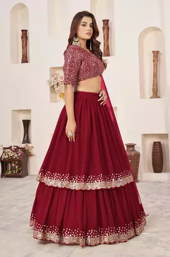 Red Zari Sequins Embroidered Georgette Lehenga Choli For Wedding