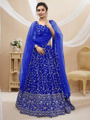 Blue Zari Sequins Embroidered Georgette Lehenga Choli For Wedding 1